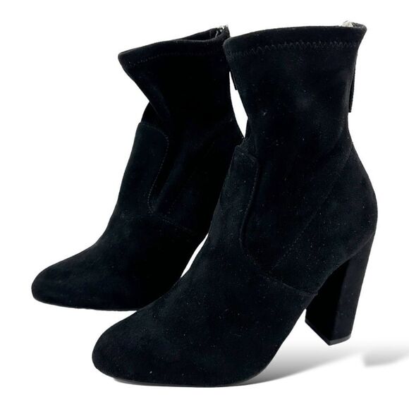 Black Steve Madden Brisk Suede Almond Toe Chunky Heeled Sock Bootie Zip Sz 5.5 - Picture 1 of 8